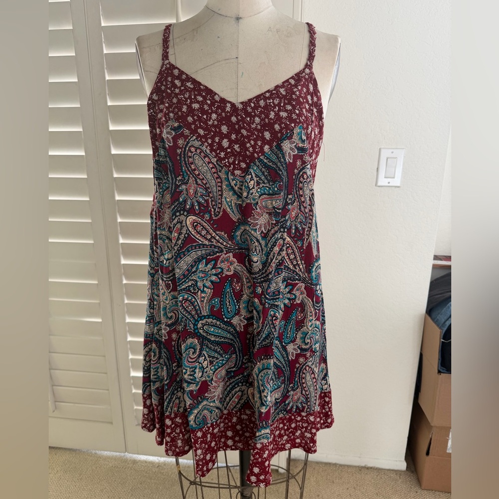 Boho Paisley Spaghetti Strap dress in Burgundy & Teal
